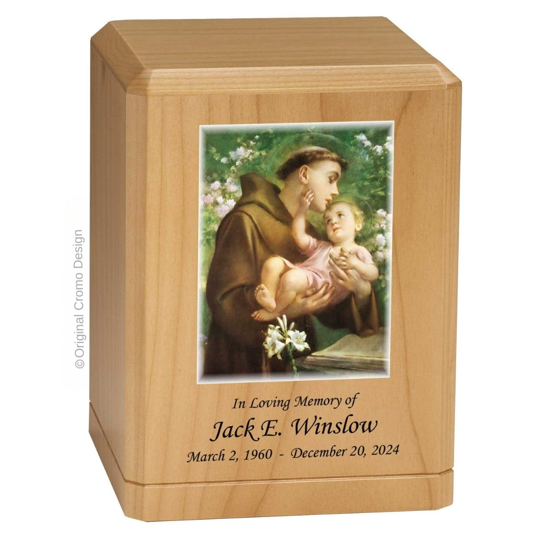 Catholic cremation urn with Saint Anthony Maple finish by Cromo NB