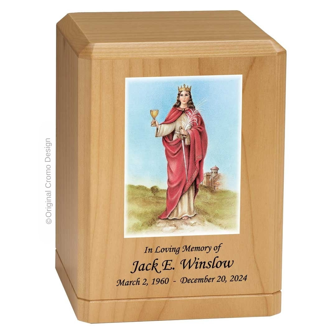 Catholic cremation urn with Our Lady of Santa Barbara Wood finish by Cromo NB