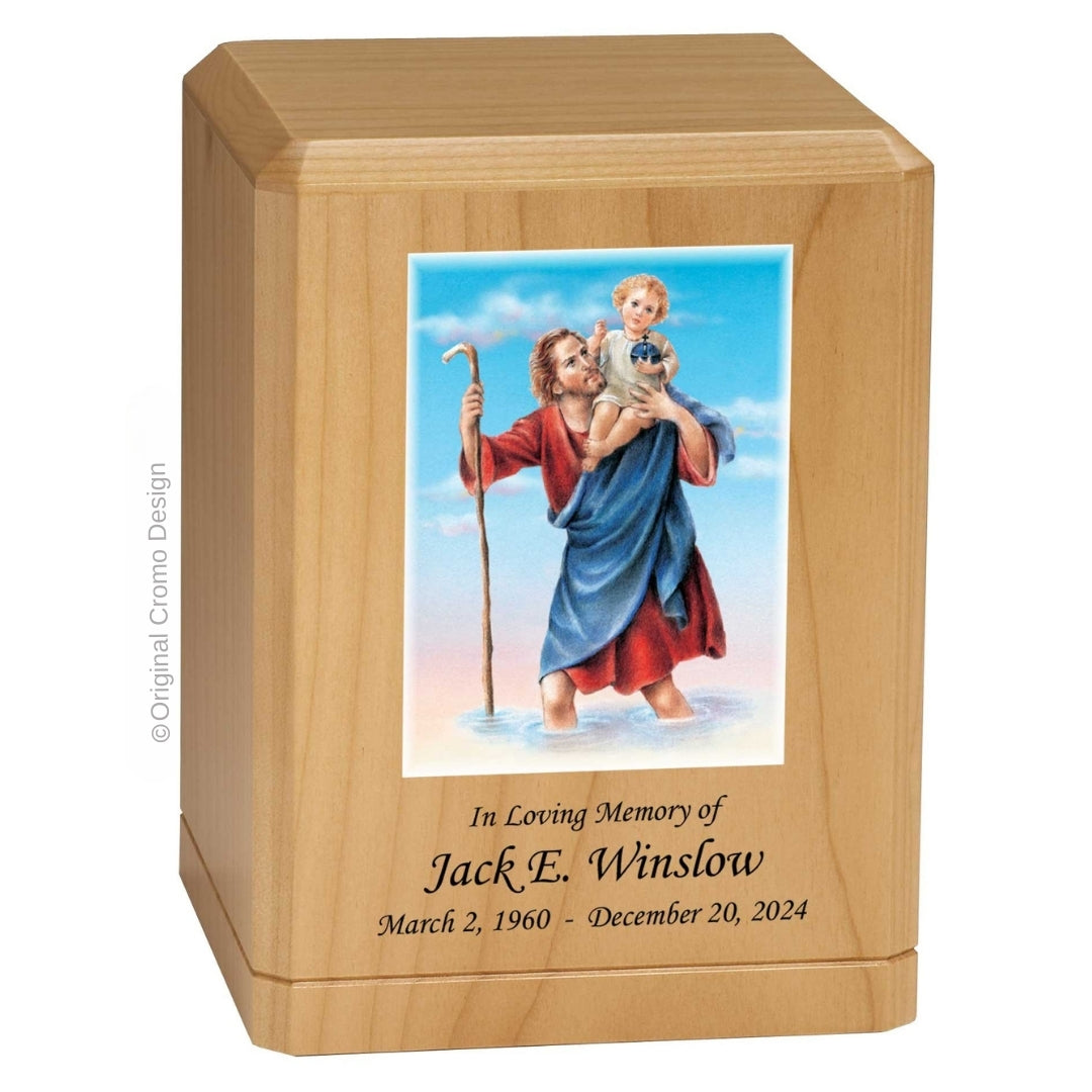 Catholic cremation urn with Saint Christopher Wood finish by Cromo NB