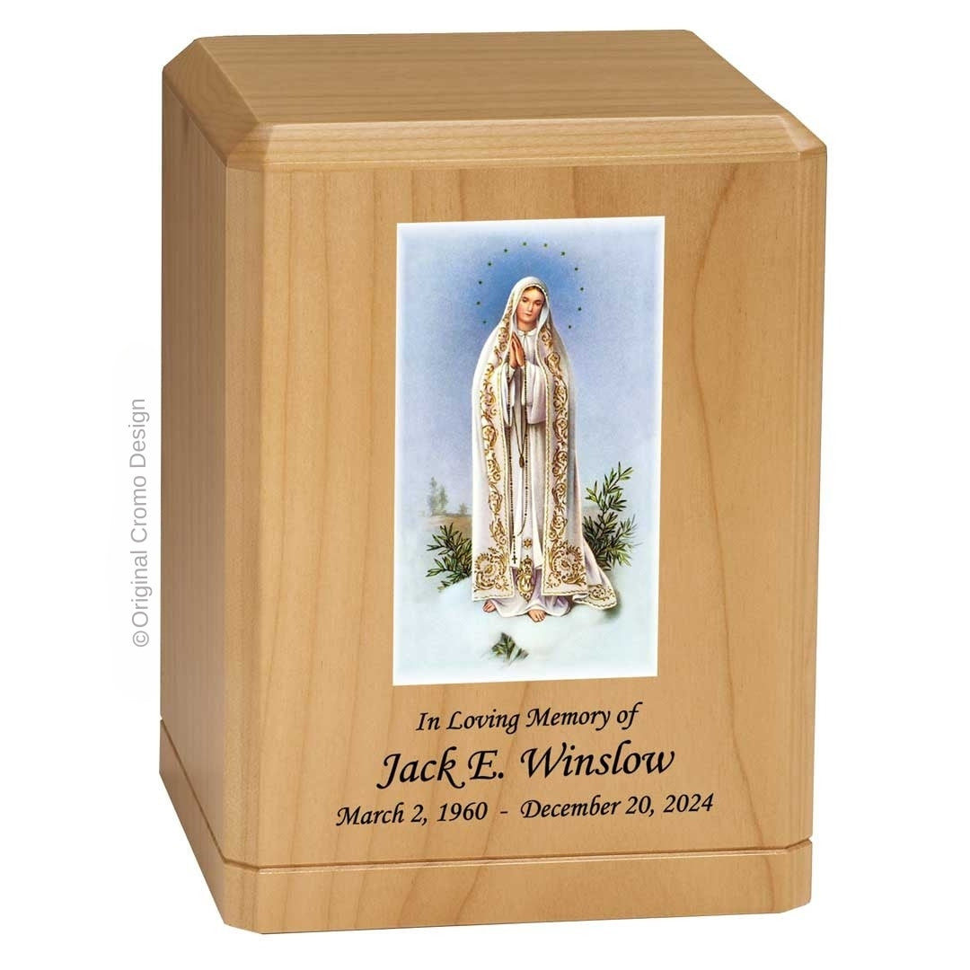 Catholic cremation urn with Our Lady of Fatima Wood finish by Cromo NB