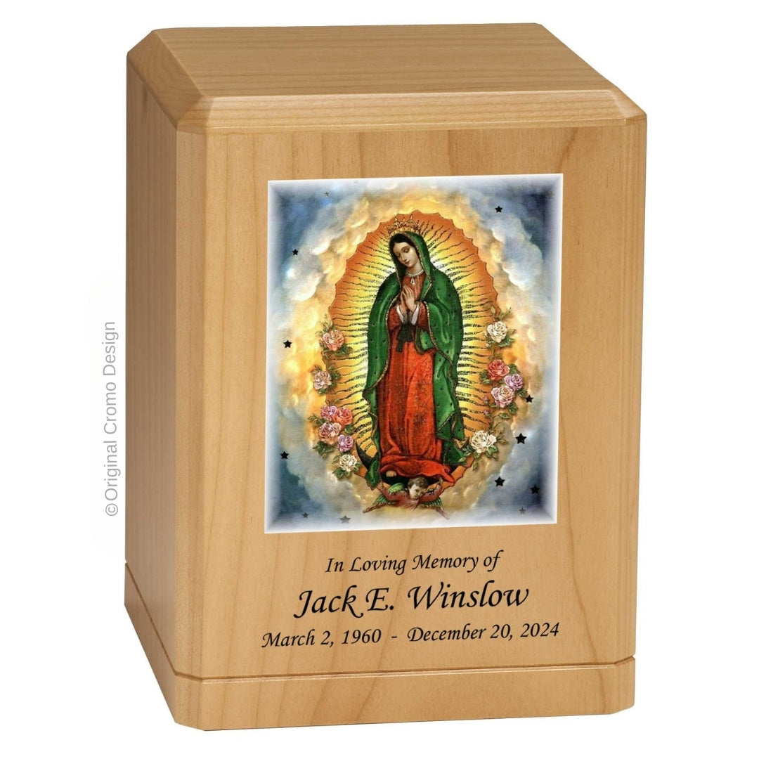 Catholic cremation urn with Our Lady of Guadalupe Wood finish by Cromo NB
