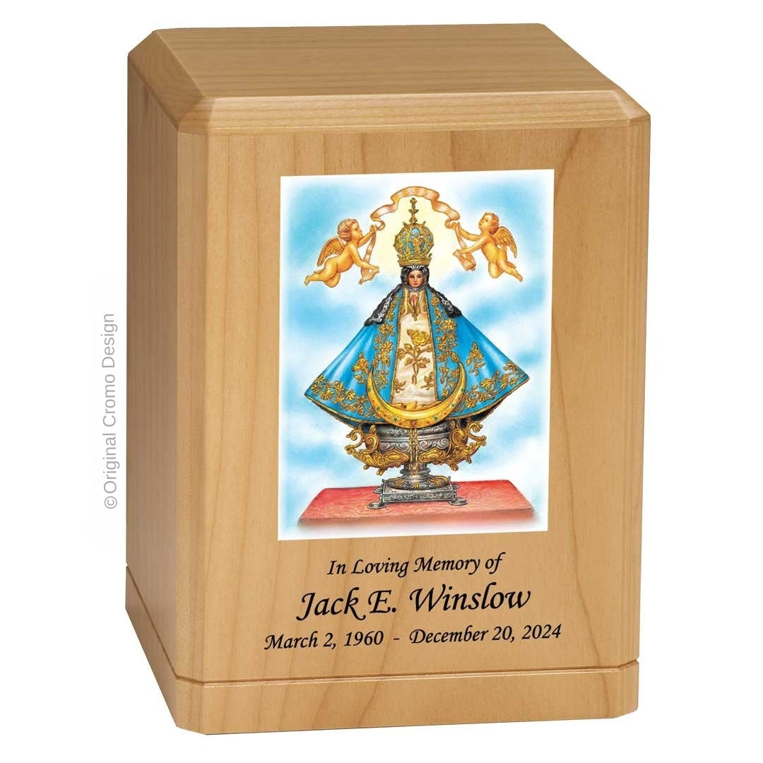 Catholic cremation urn with Our Lady of San Juan de Lagos Wood finish by Cromo NB
