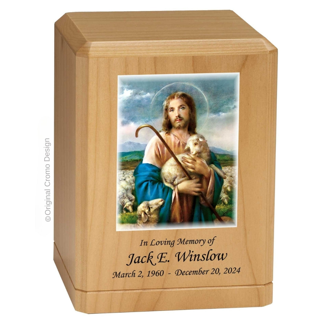 Catholic cremation urn with Jesus Shepherd Wood finish by Cromo NB