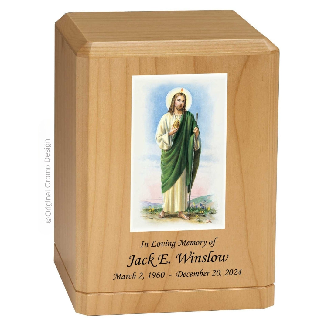 Catholic cremation urn with Saint Jude Wood finish by Cromo NB