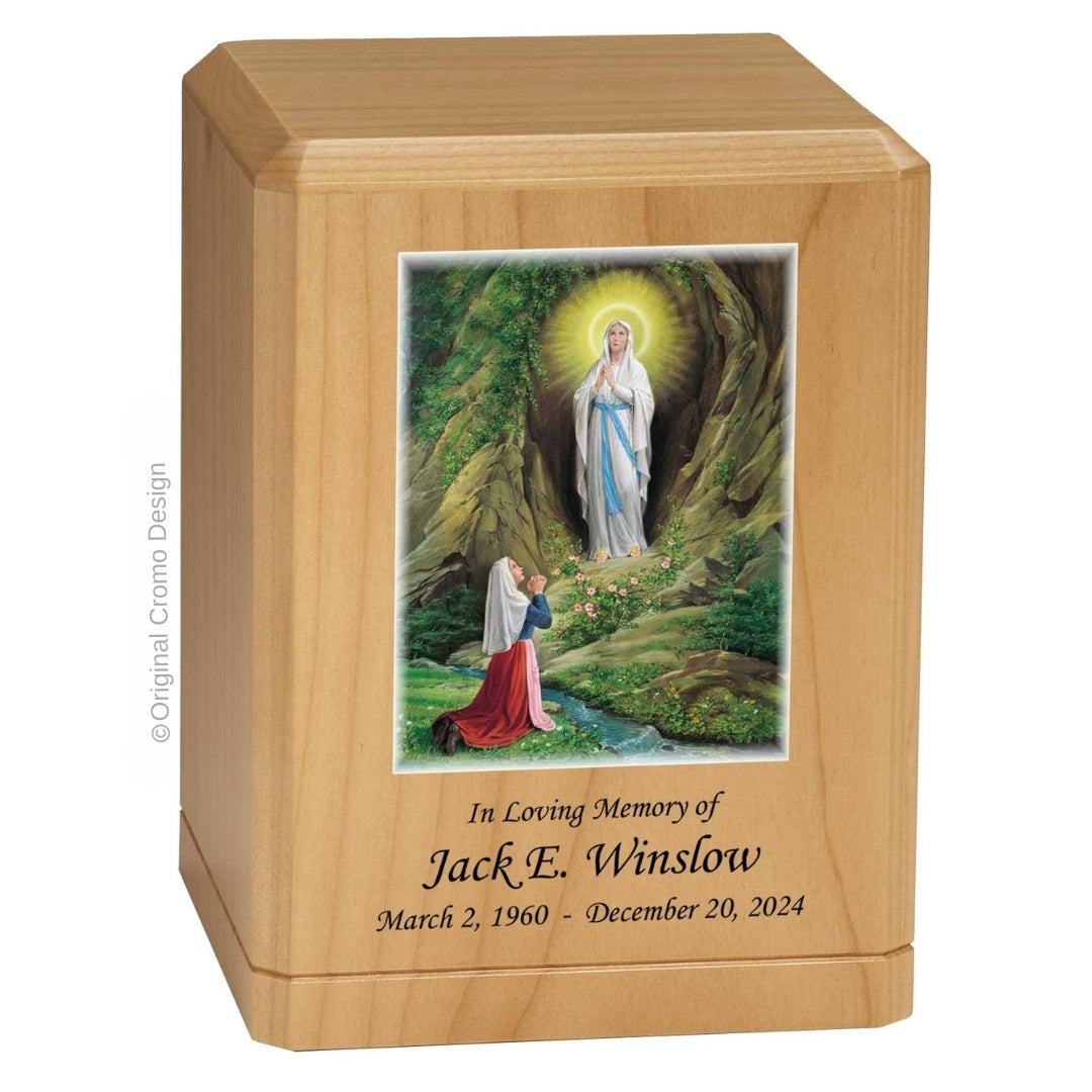 Catholic cremation urn with Our Lady of Lourdes Wood finish by Cromo NB