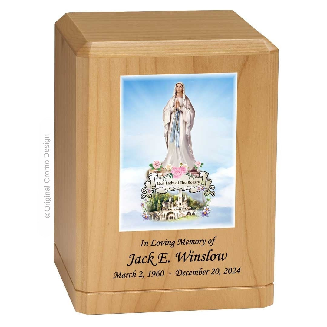 Catholic cremation urn with Our Lady of the Rosary Wood finish by Cromo NB