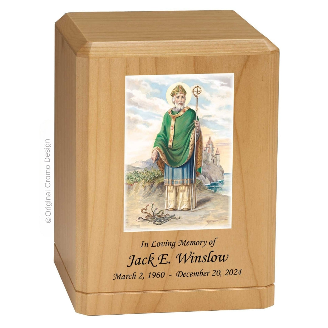 Catholic cremation urn with Saint Patrick Wood finish by Cromo NB