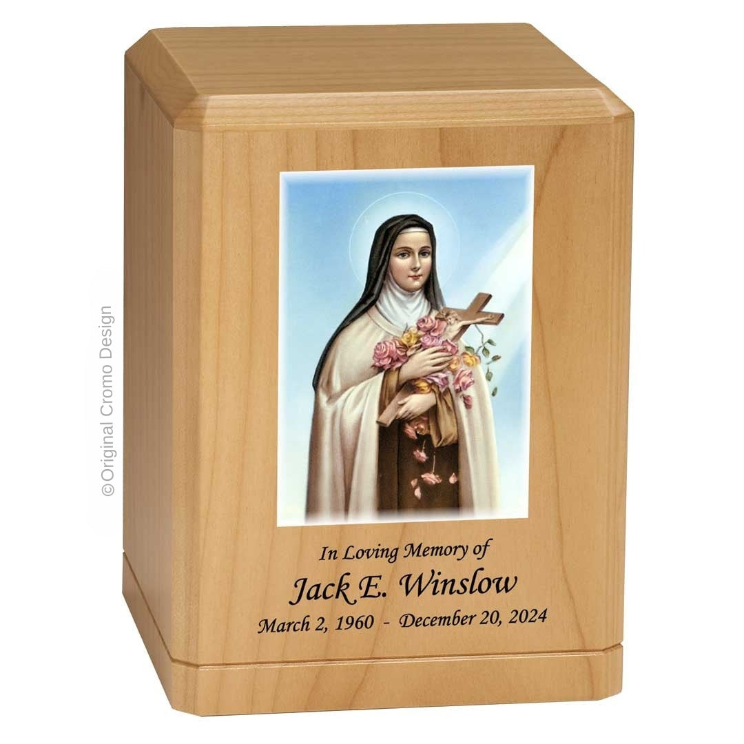 Catholic cremation urn with Saint Therese Wood finish by Cromo NB