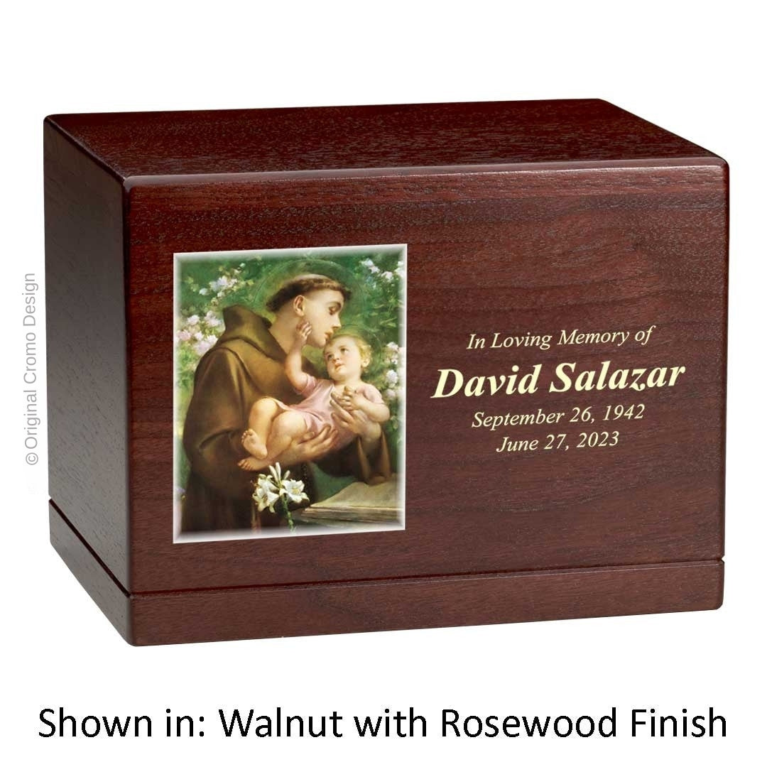 Catholic cremation urn with Saint Anthony Rosewood finish by Cromo NB