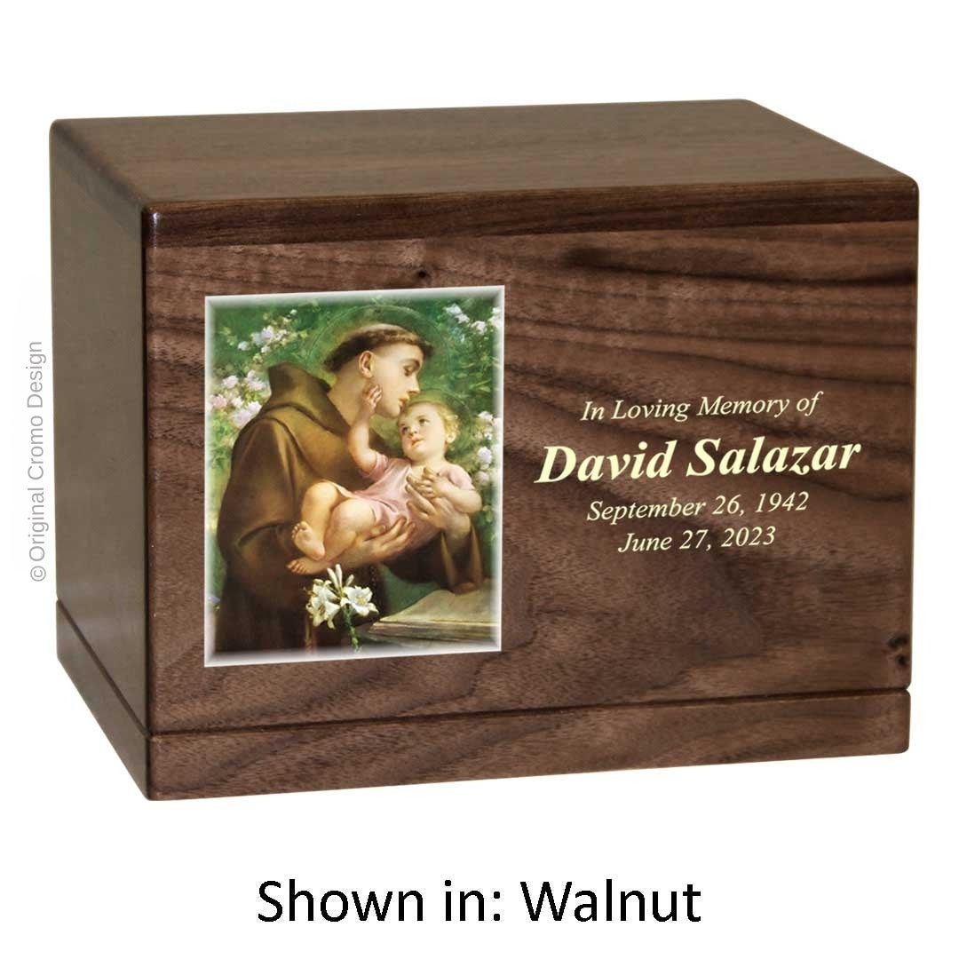 Catholic cremation urn with Saint Anthony Walnut finish by Cromo NB