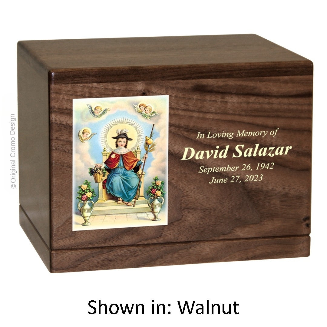 Catholic cremation urn with Child of Atocha Wood finish by Cromo NB