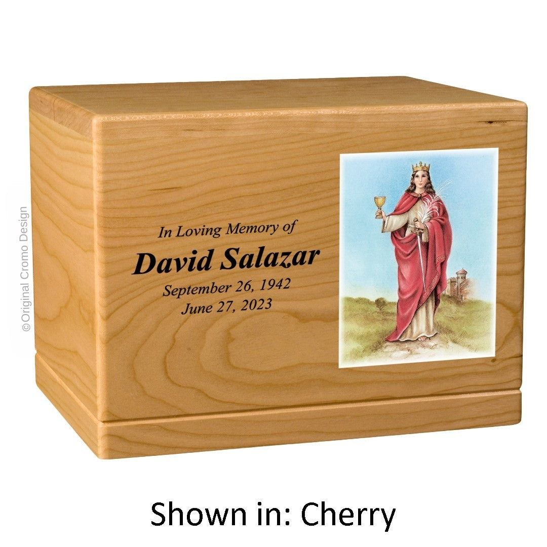 Catholic cremation urn with Our Lady of Santa Barbara Wood finish by Cromo NB