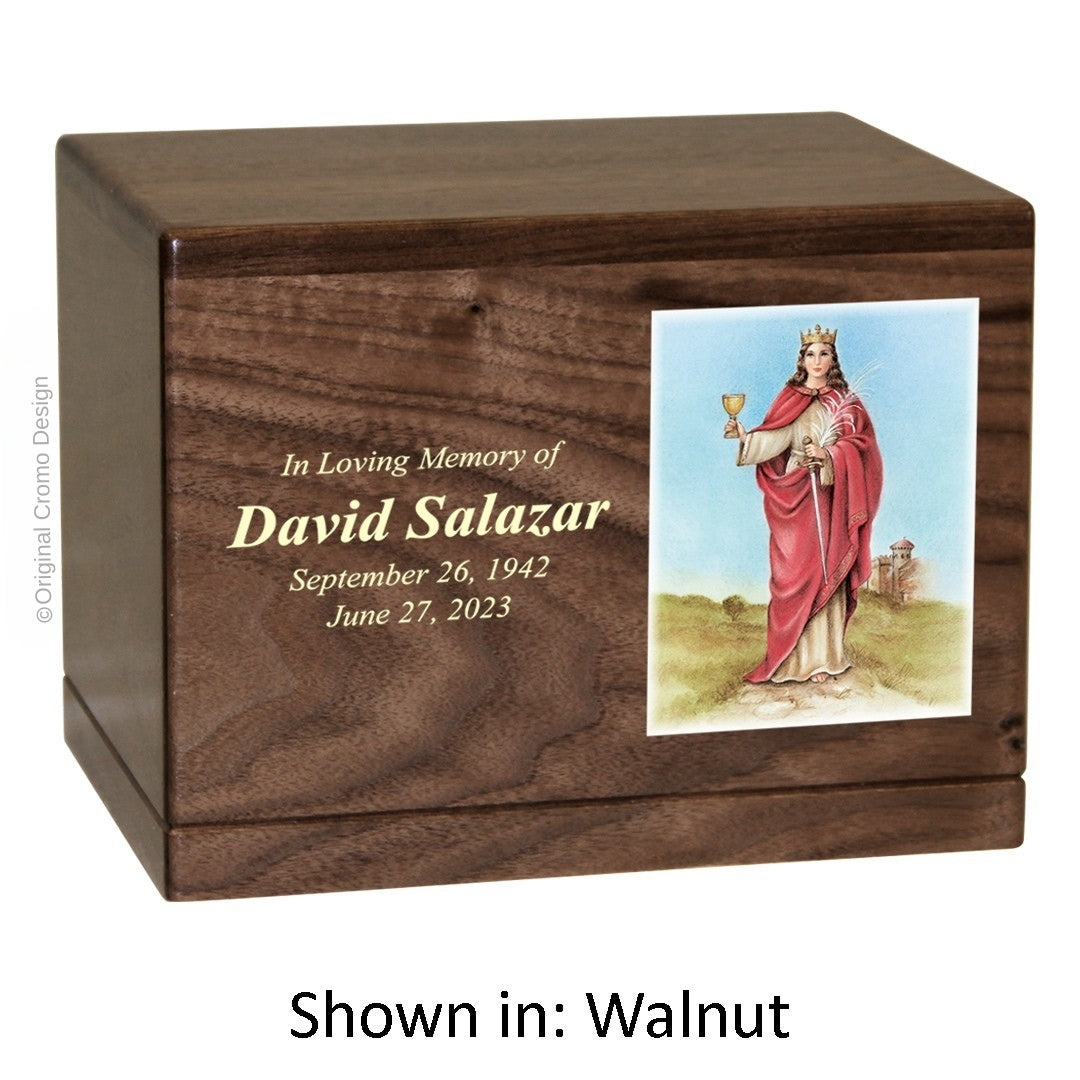 Catholic cremation urn with Our Lady of Santa Barbara Wood finish by Cromo NB