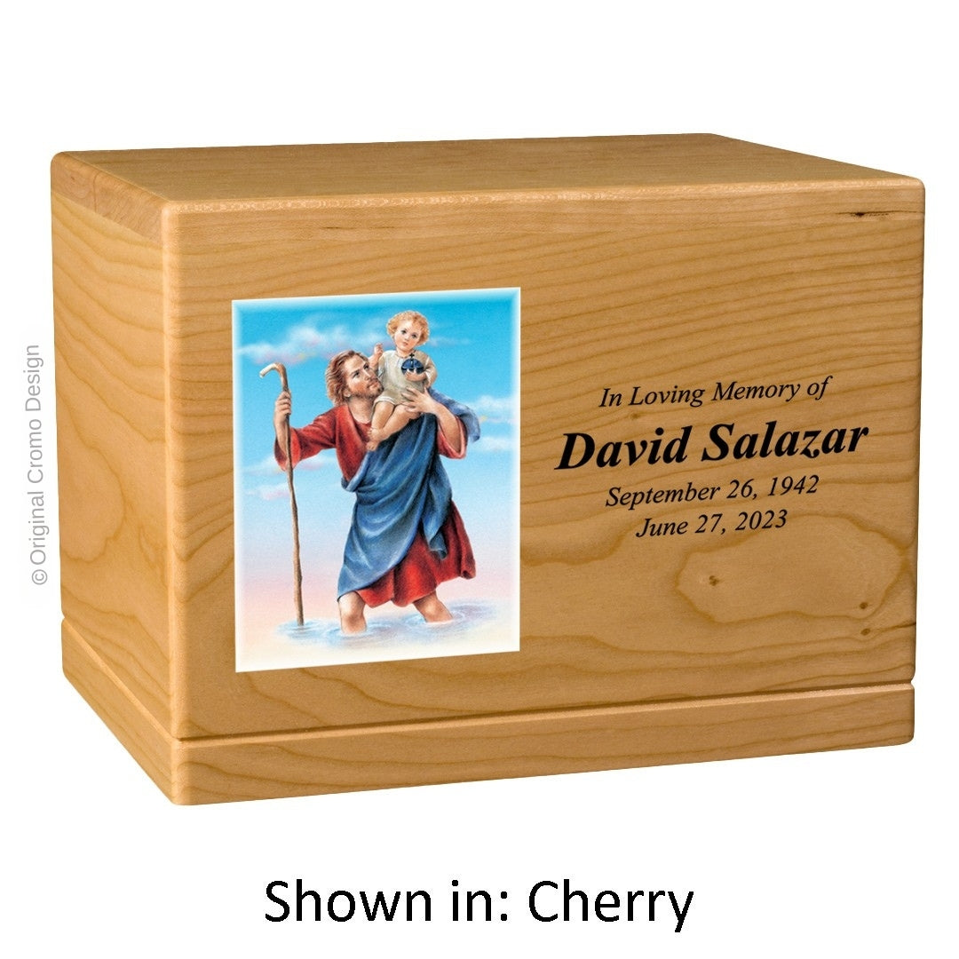 Catholic cremation urn with Saint Christopher Wood finish by Cromo NB