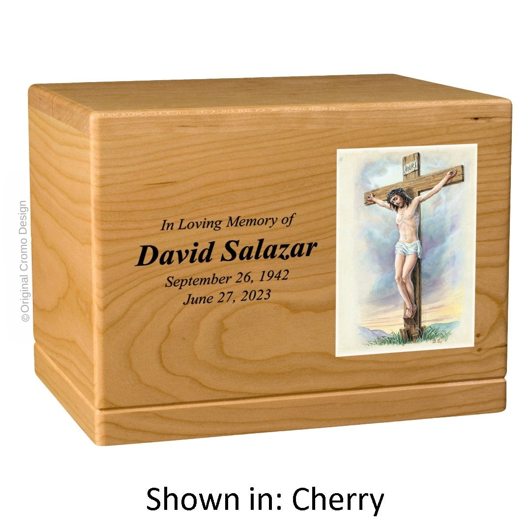 Catholic cremation urn with Crucifixion Wood finish by Cromo NB
