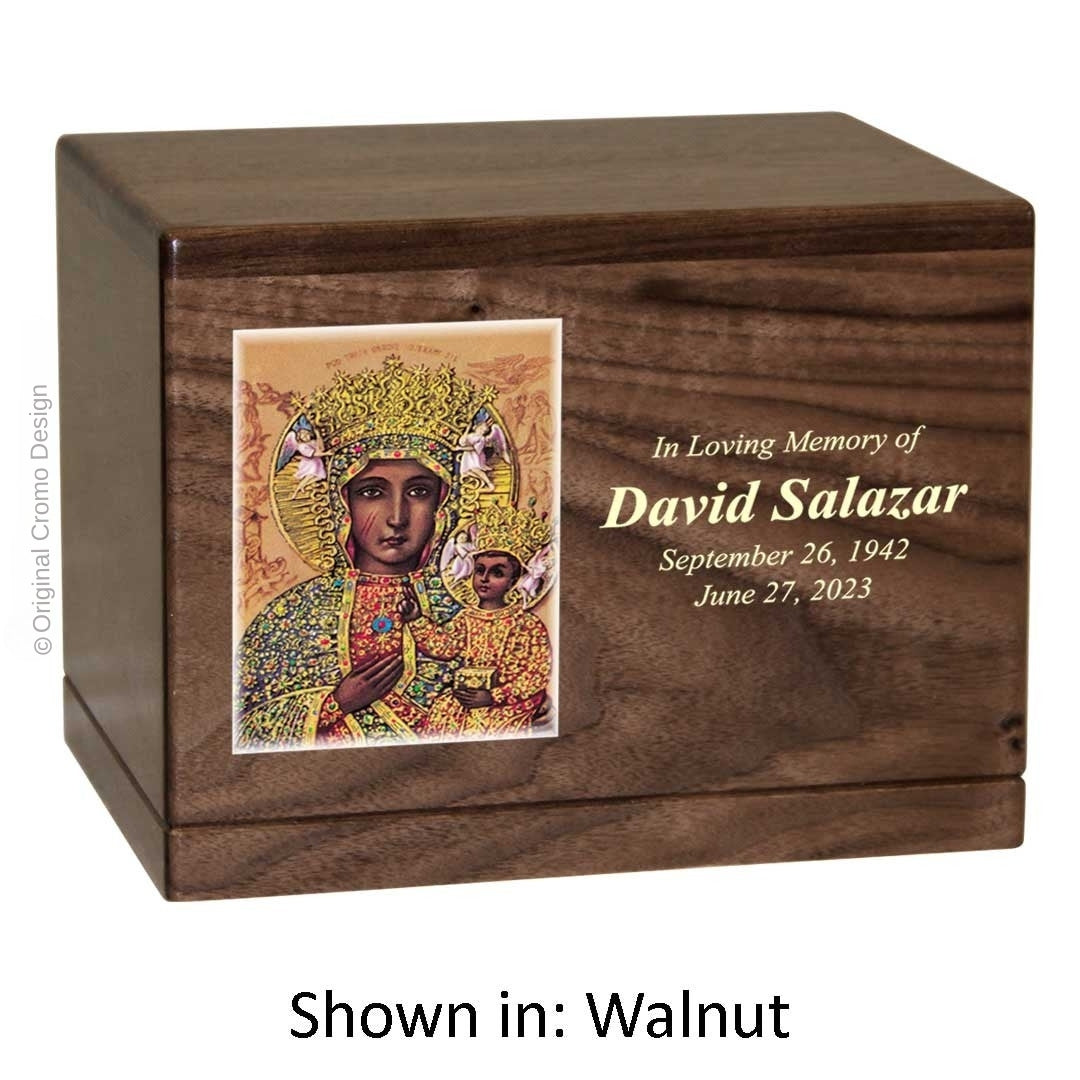 Catholic cremation urn with Our Lady of Czetechowa Wood finish by Cromo NB