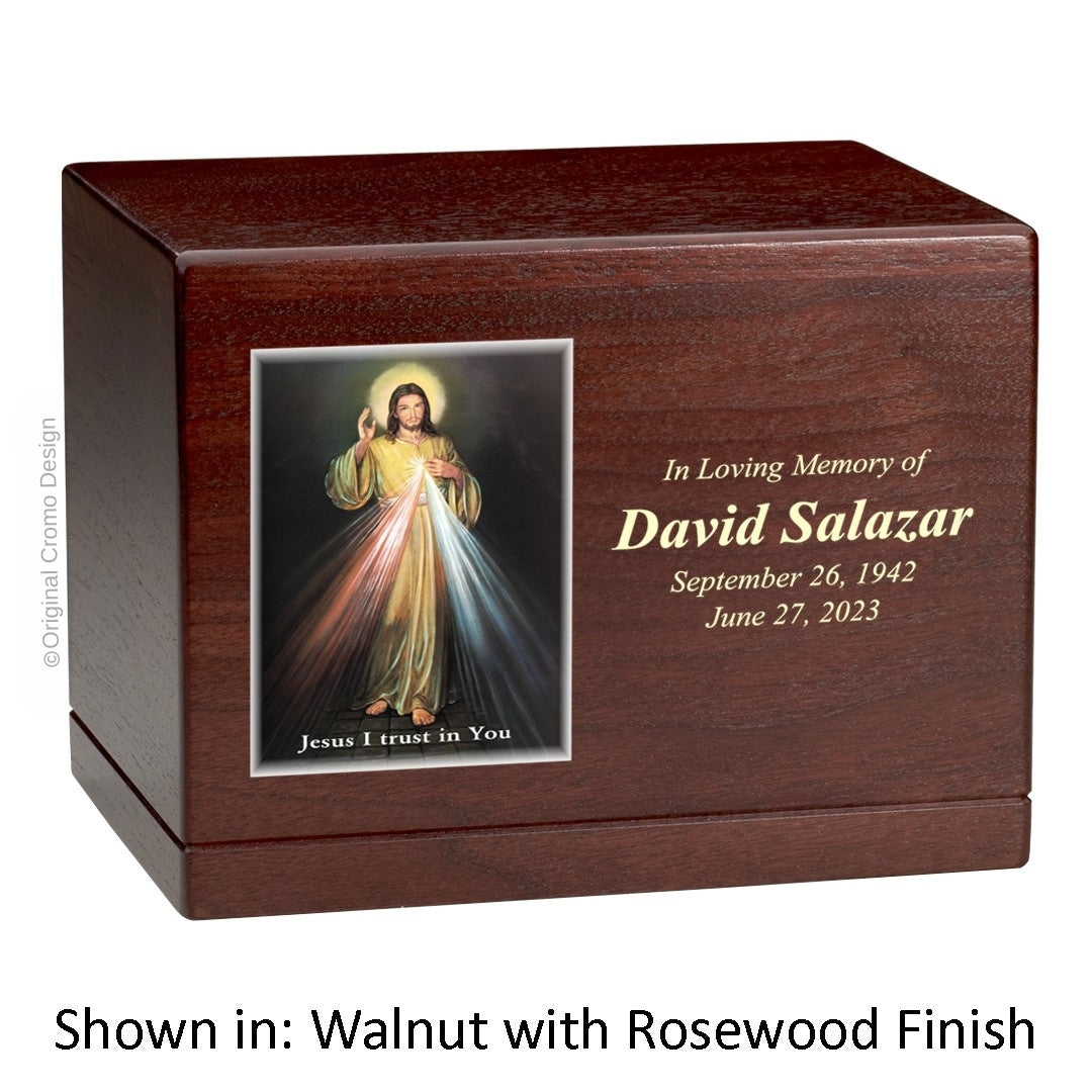 Catholic cremation urn with Divine Mercy English  Wood finish by Cromo NB