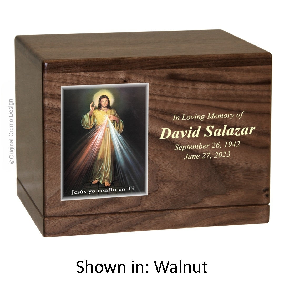 Catholic cremation urn with Divine Mercy Spanish Wood finish by Cromo NB