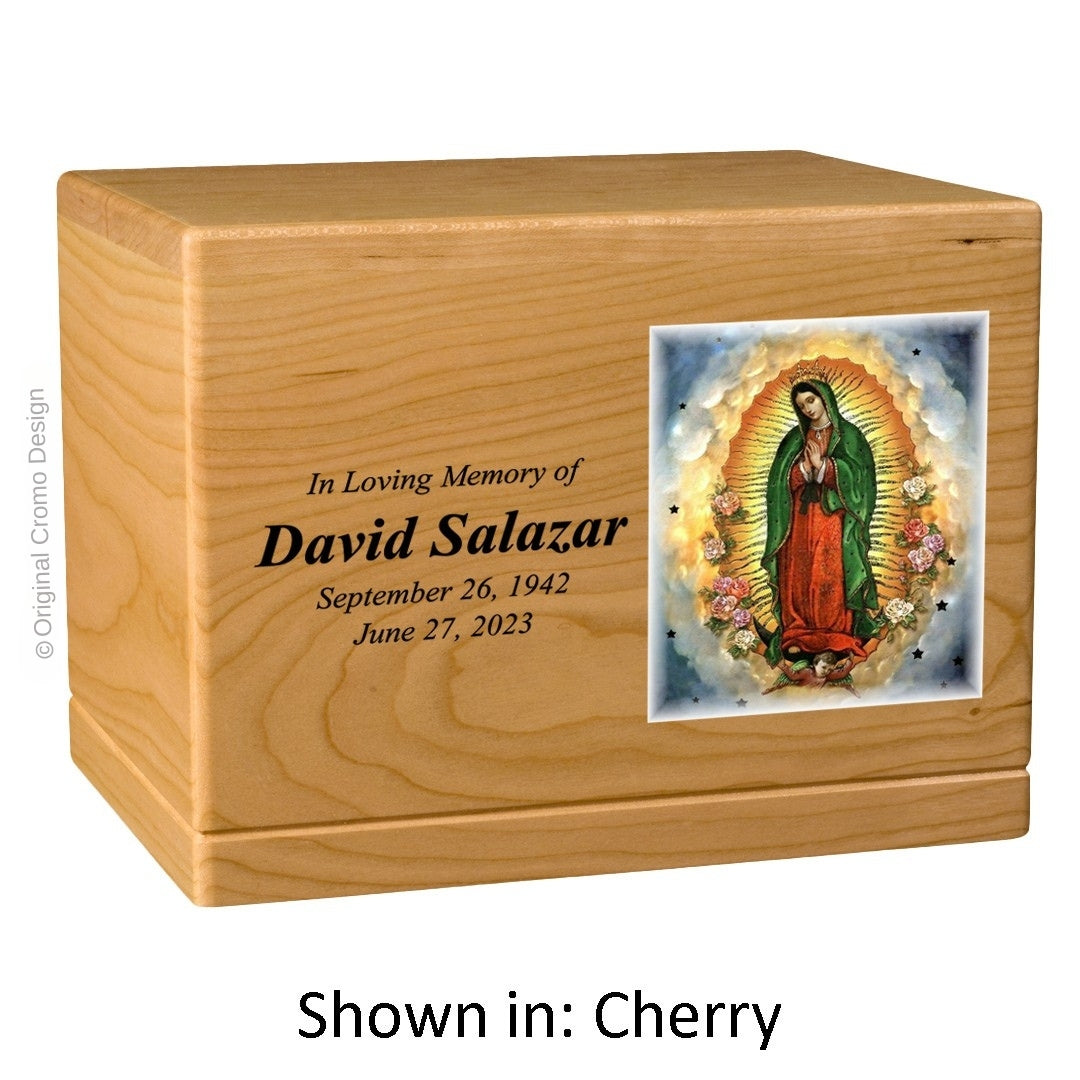 Catholic cremation urn with Our Lady of Guadalupe Wood finish by Cromo NB