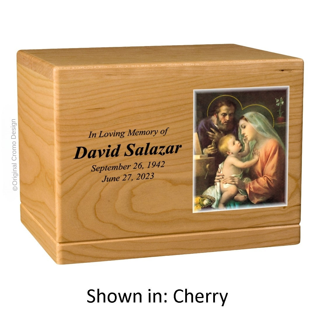 Catholic cremation urn with Holy Family Wood finish by Cromo NB
