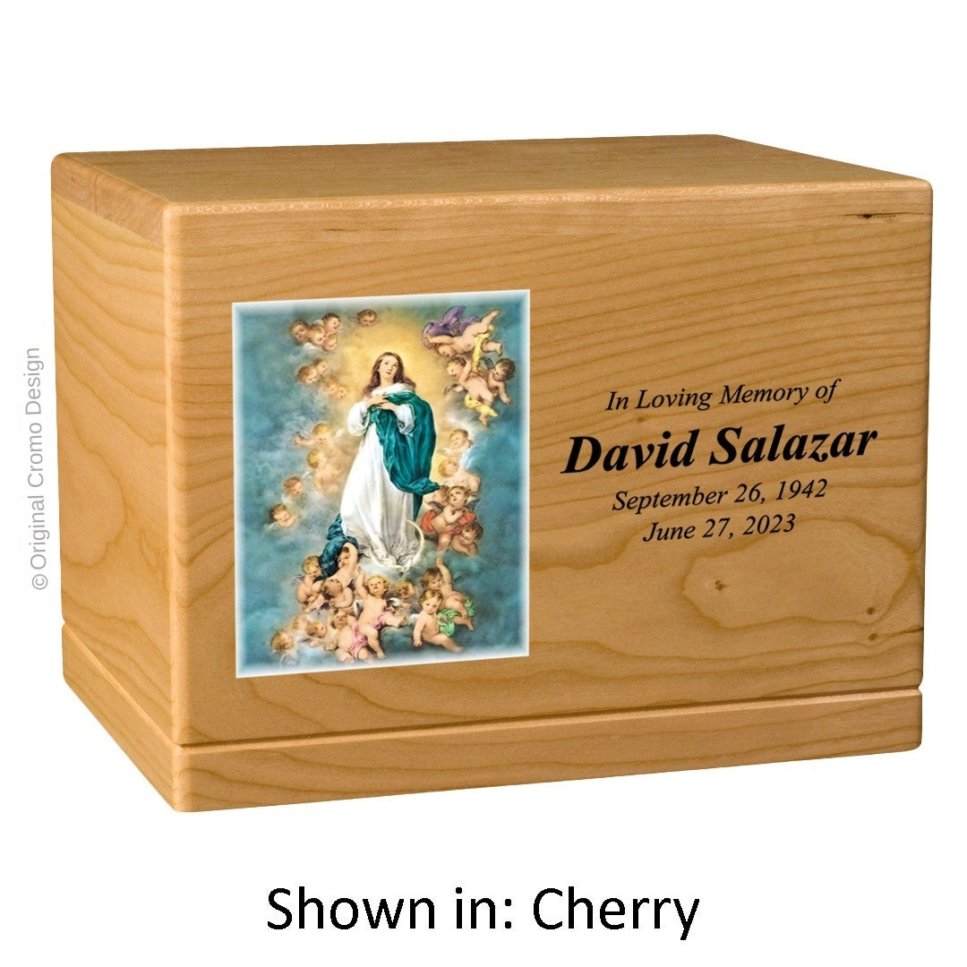 Catholic cremation urn with Immaculate Conception Wood finish by Cromo NB
