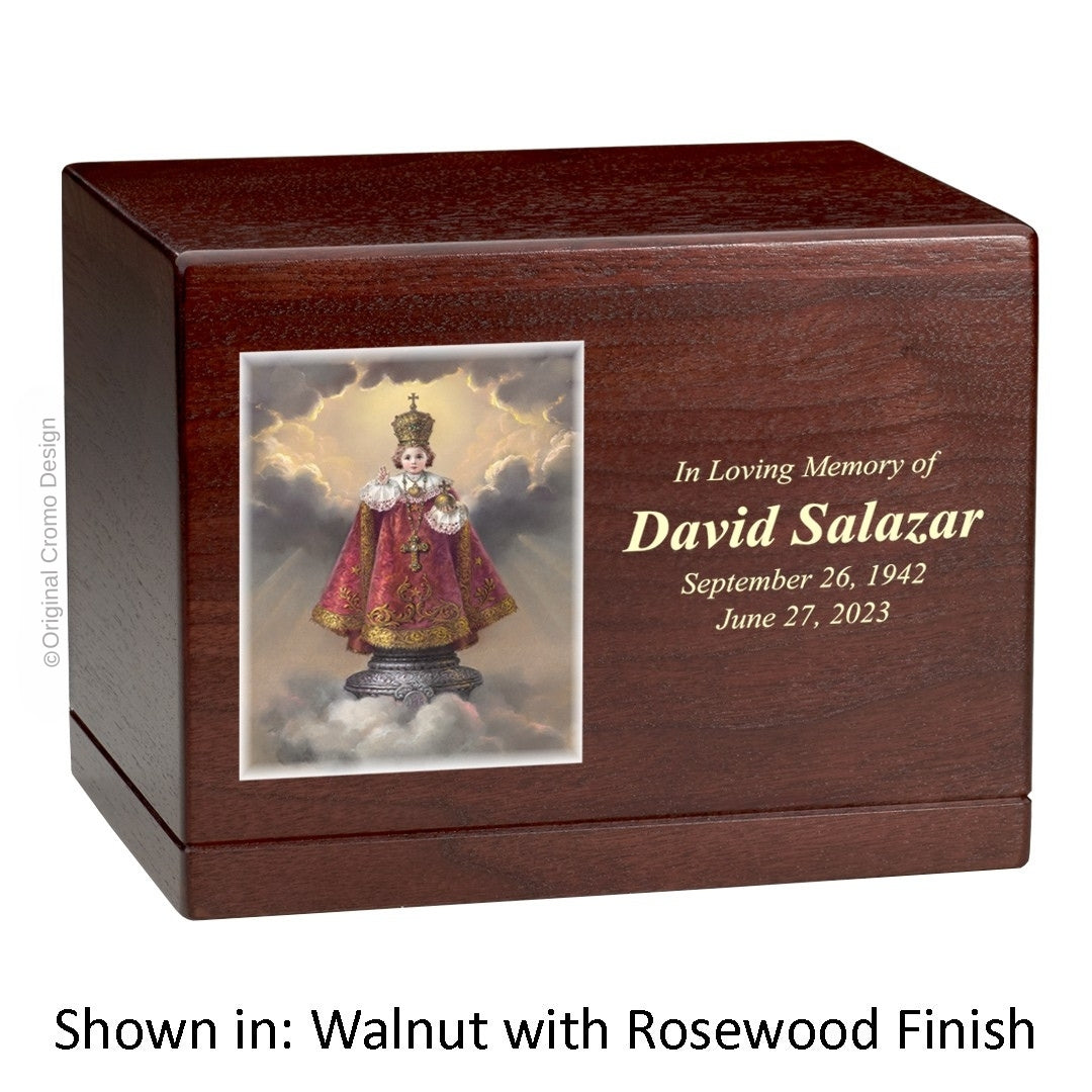 Catholic cremation urn with Immaculate Heart of Mary Wood finish by Cromo NB