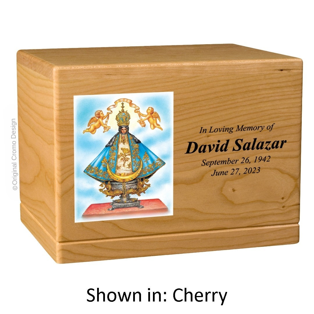 Catholic cremation urn with Our Lady of San Juan de Lagos Wood finish by Cromo NB