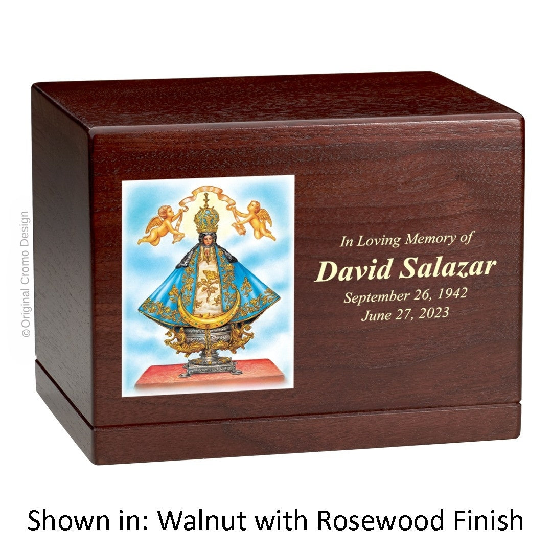 Catholic cremation urn with Infant of Prague Wood finish by Cromo NB