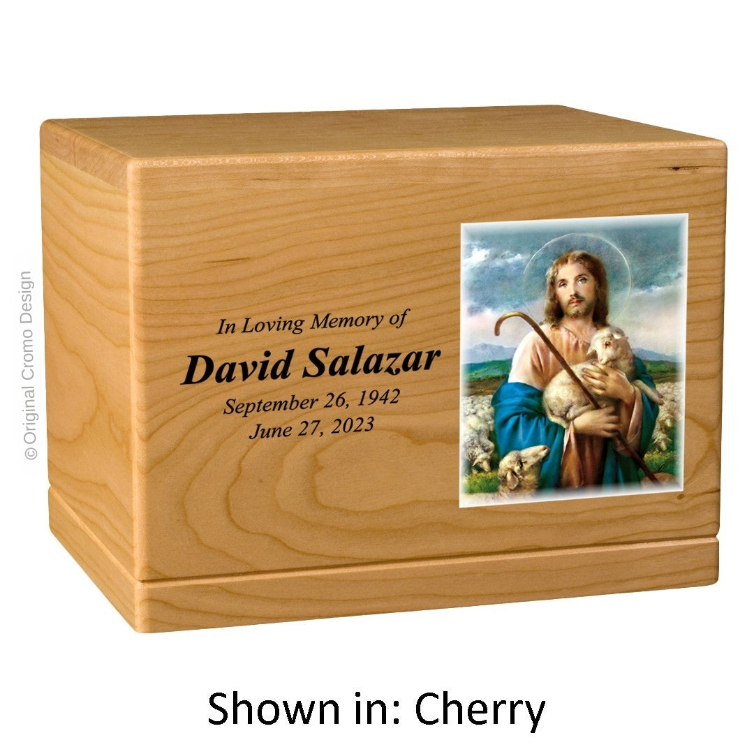 Catholic cremation urn with Jesus Shepherd Wood finish by Cromo NB