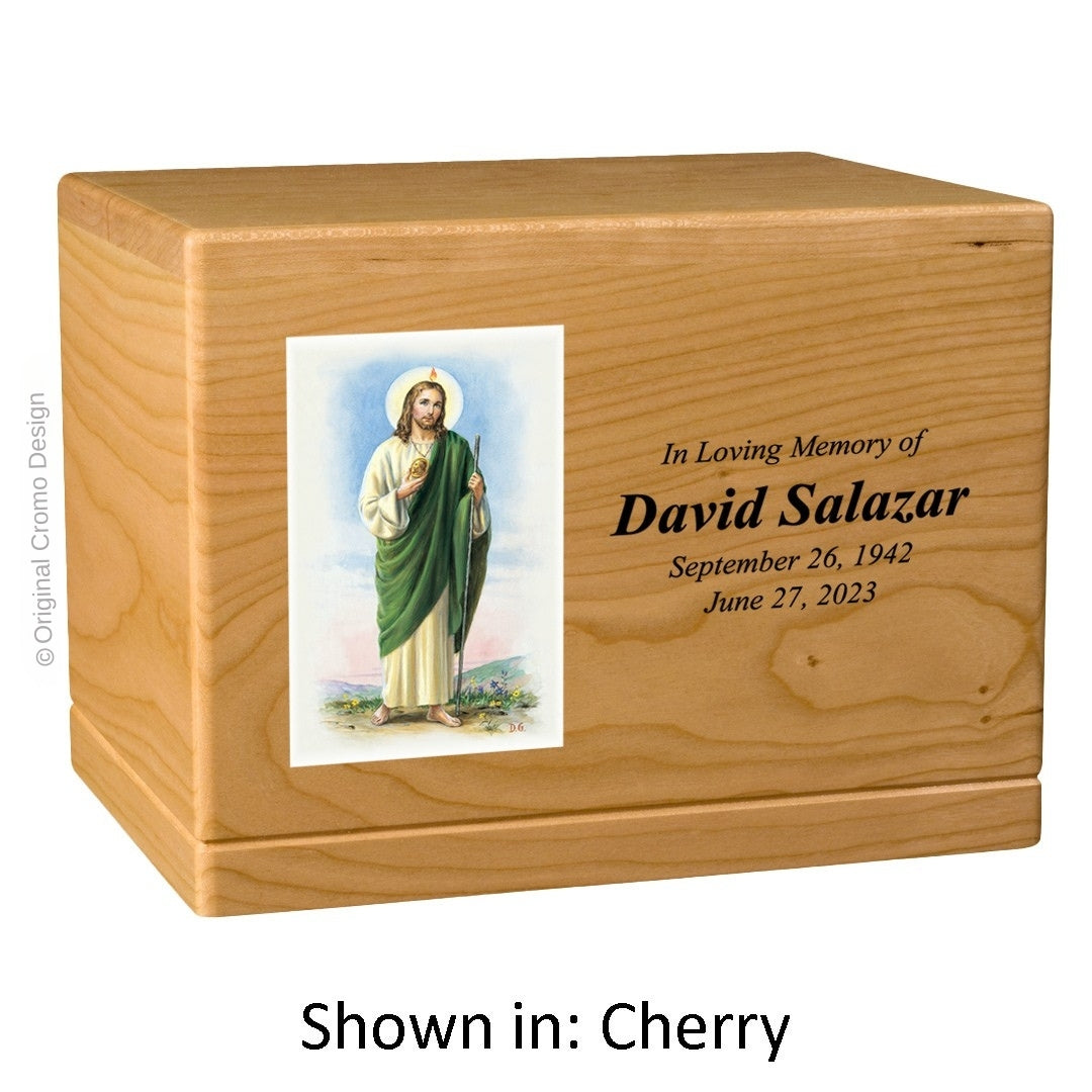 Catholic cremation urn with Saint Jude Wood finish by Cromo NB