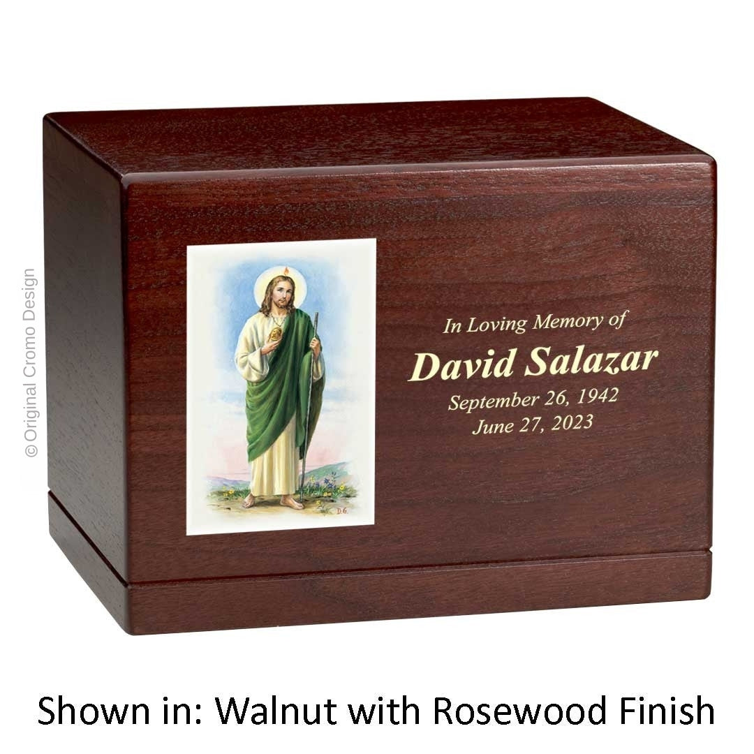 Catholic cremation urn with Jesus Shepherd Wood finish by Cromo NB