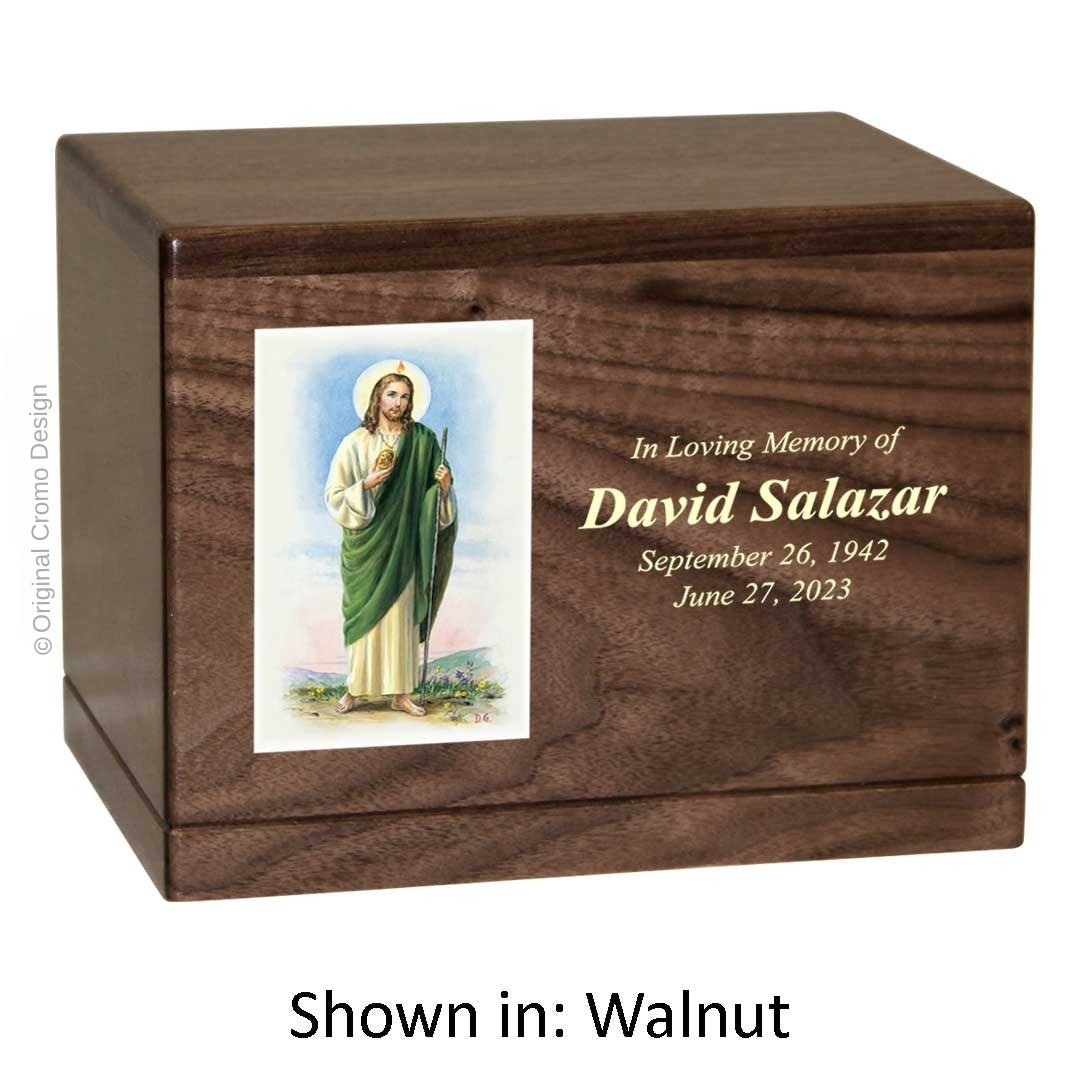 Catholic cremation urn with Saint Jude Wood finish by Cromo NB