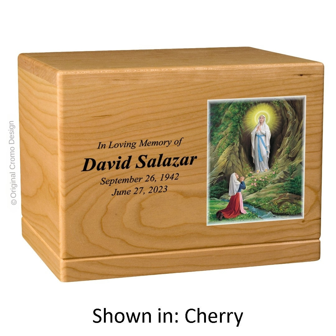 Catholic cremation urn with Our Lady of Lourdes Wood finish by Cromo NB