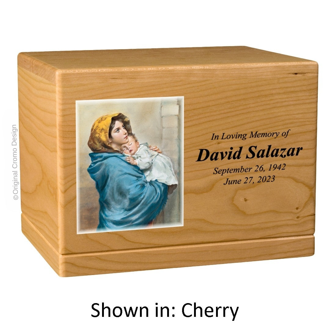 Catholic cremation urn with Madonna of The Street Wood finish by Cromo NB