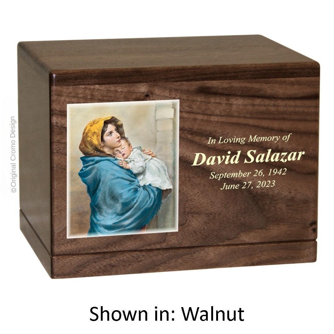 Catholic cremation urn with Madonna of The Street  Wood finish by Cromo NB