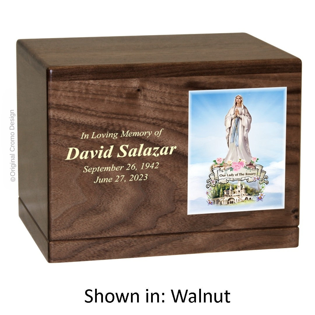 Catholic cremation urn with Our Lady of the Rosary  Wood finish by Cromo NB