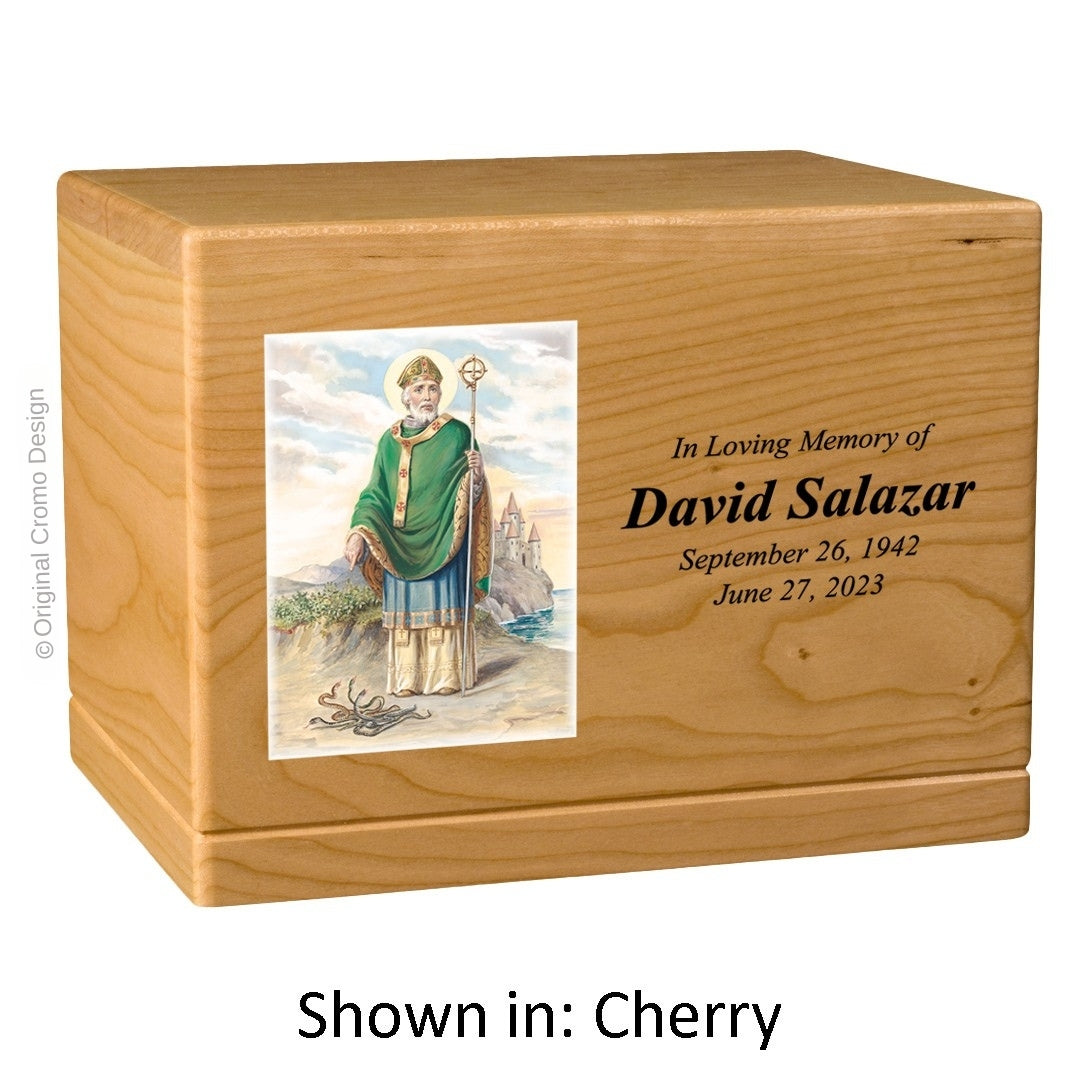 Catholic cremation urn with Saint Patrick Wood finish by Cromo NB