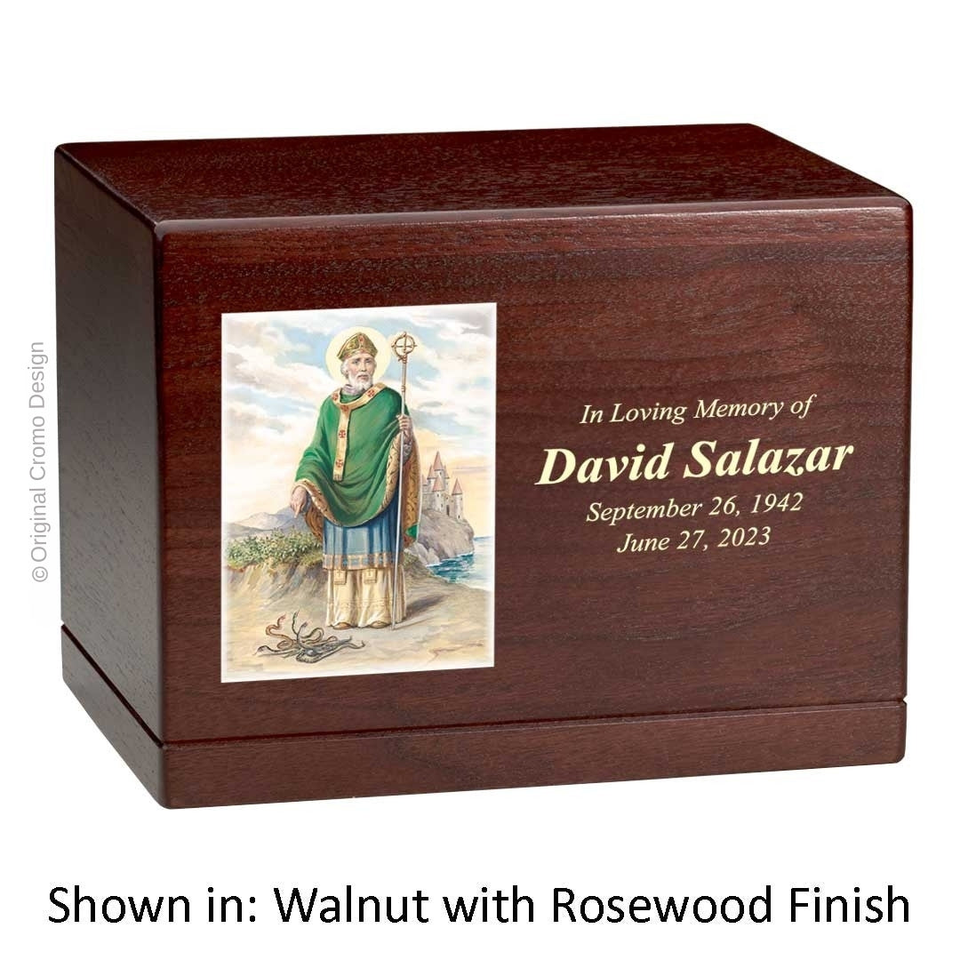 Catholic cremation urn with Our Lady of the Rosary Wood finish by Cromo NB