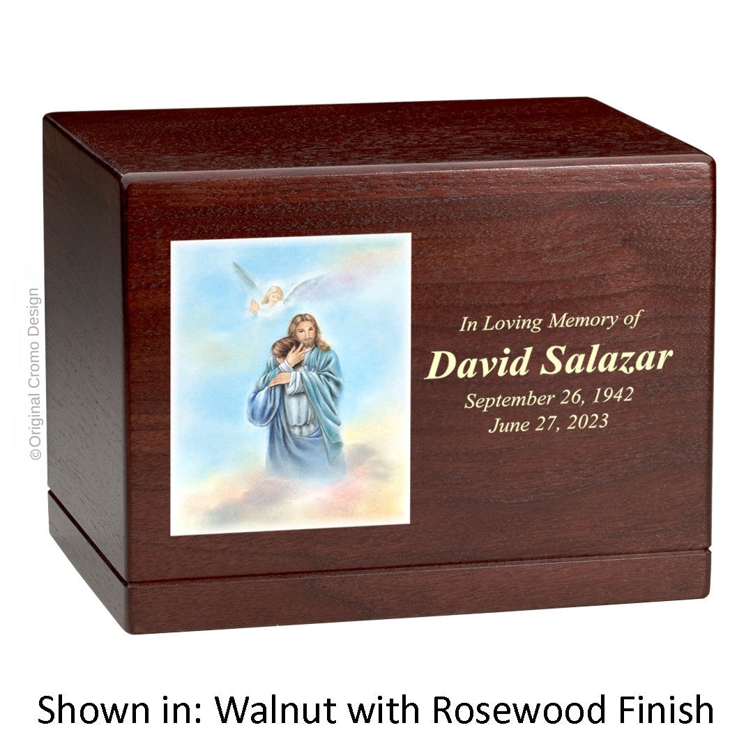 Catholic cremation urn with Saint Patrick Wood finish by Cromo NB