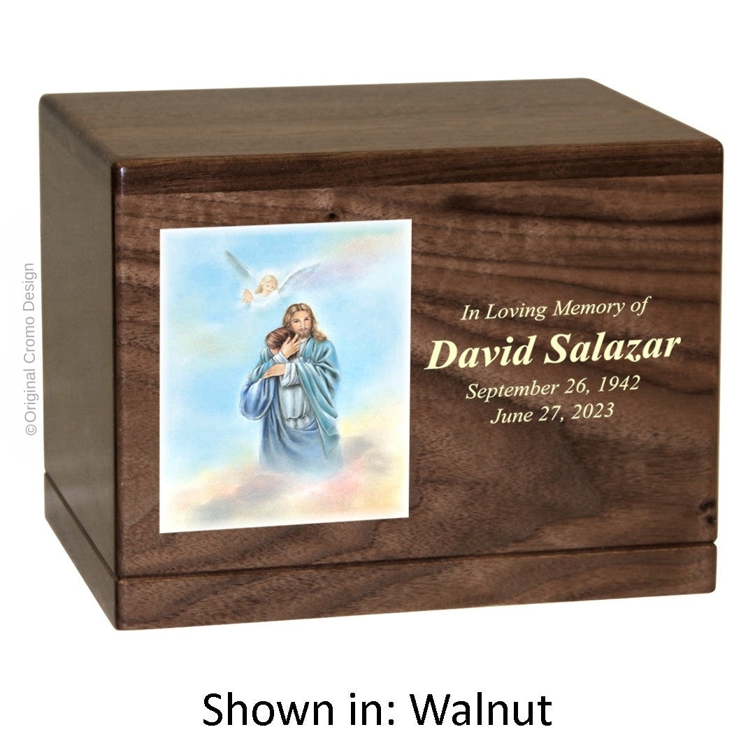 Catholic cremation urn with Paradise Jesus Hugging  Wood finish by Cromo NB
