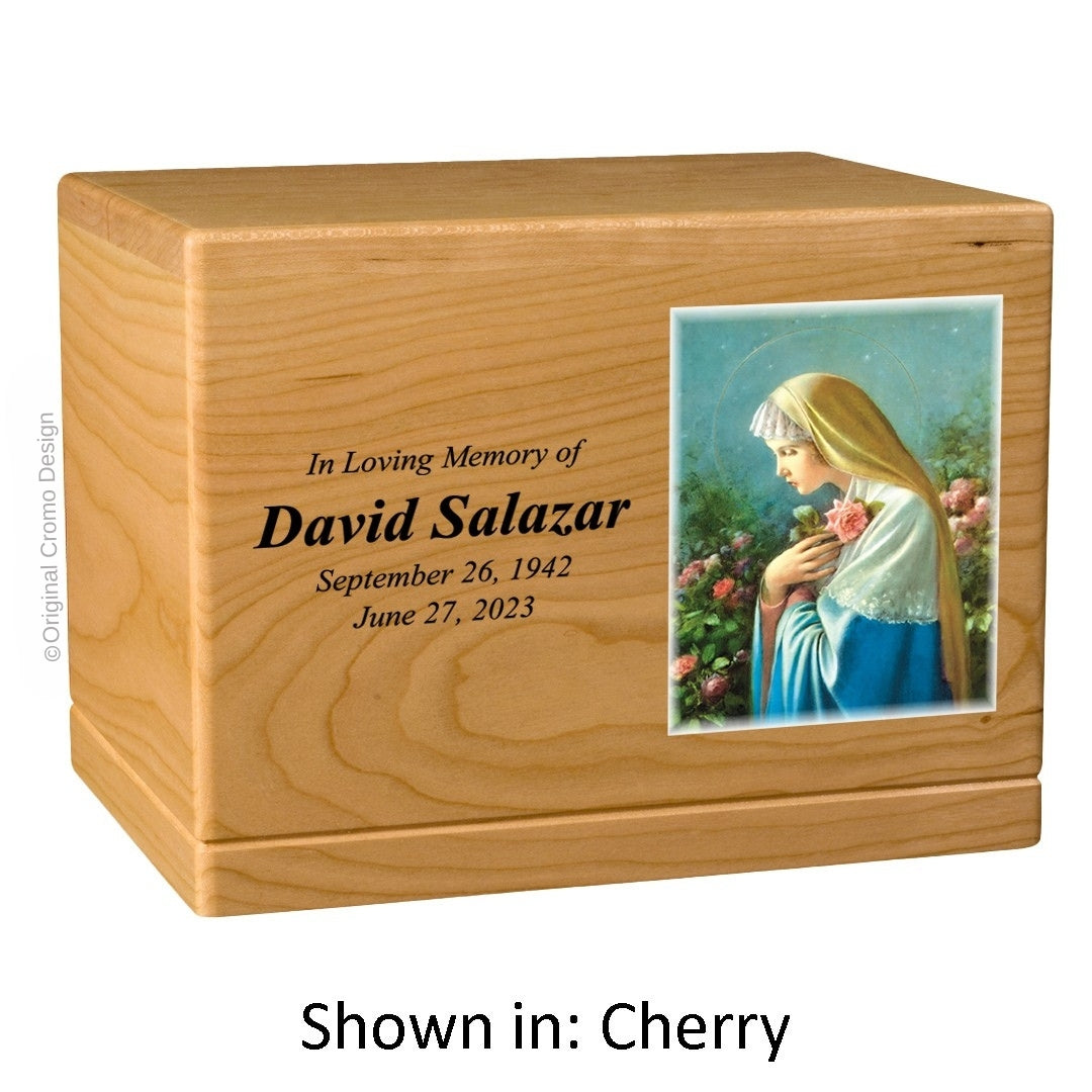 Catholic cremation urn with Mystical Rose Wood finish by Cromo NB