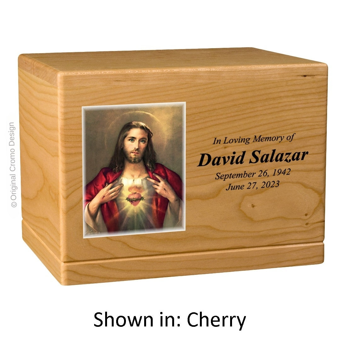 Catholic cremation urn with Sacred Heart of Jesus Wood finish by Cromo NB