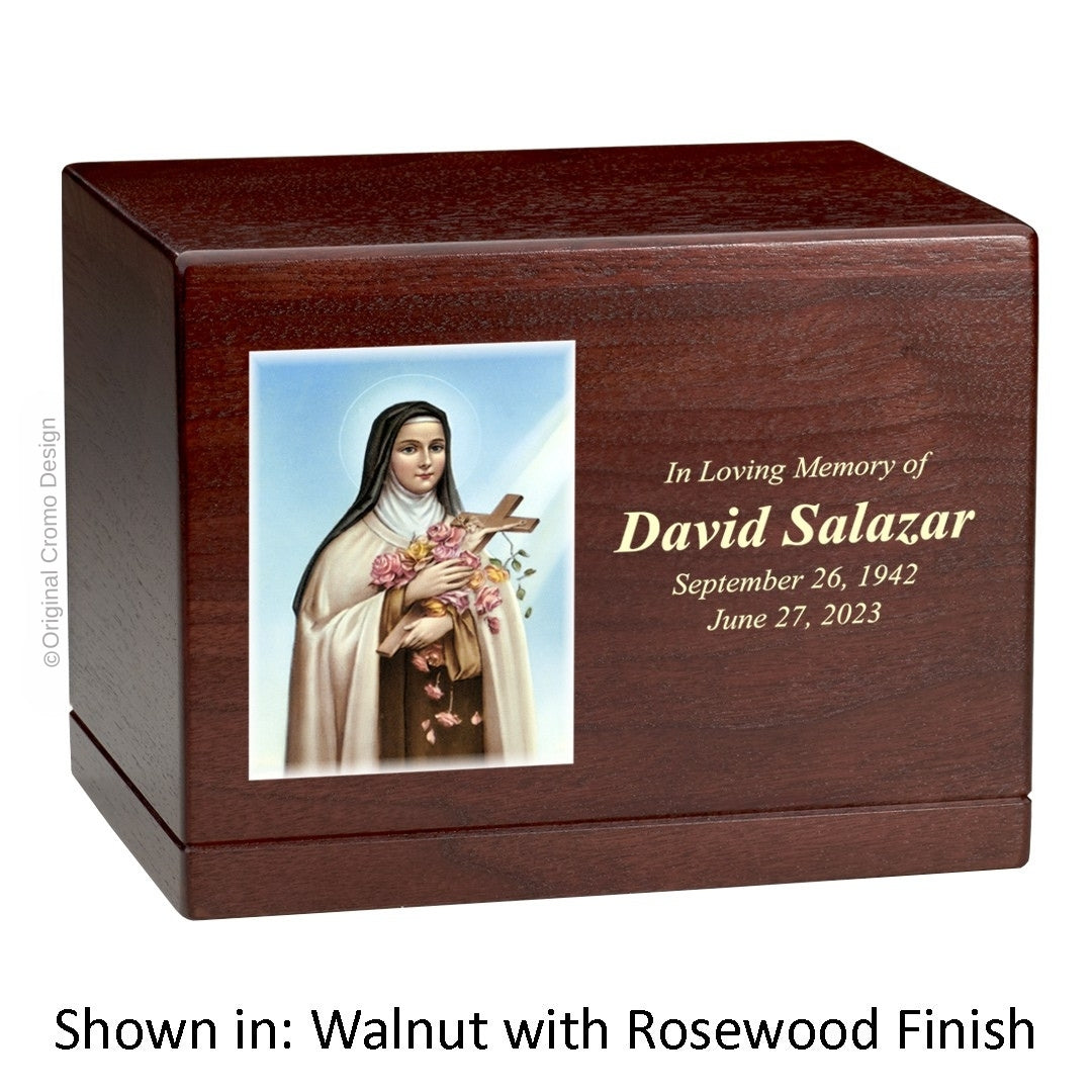 Catholic cremation urn with Sacred Heart of Jesus Wood finish by Cromo NB