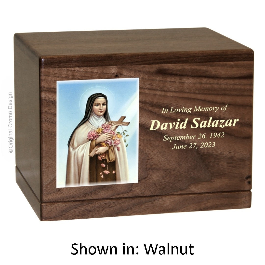 Catholic cremation urn with Saint Therese Wood finish by Cromo NB
