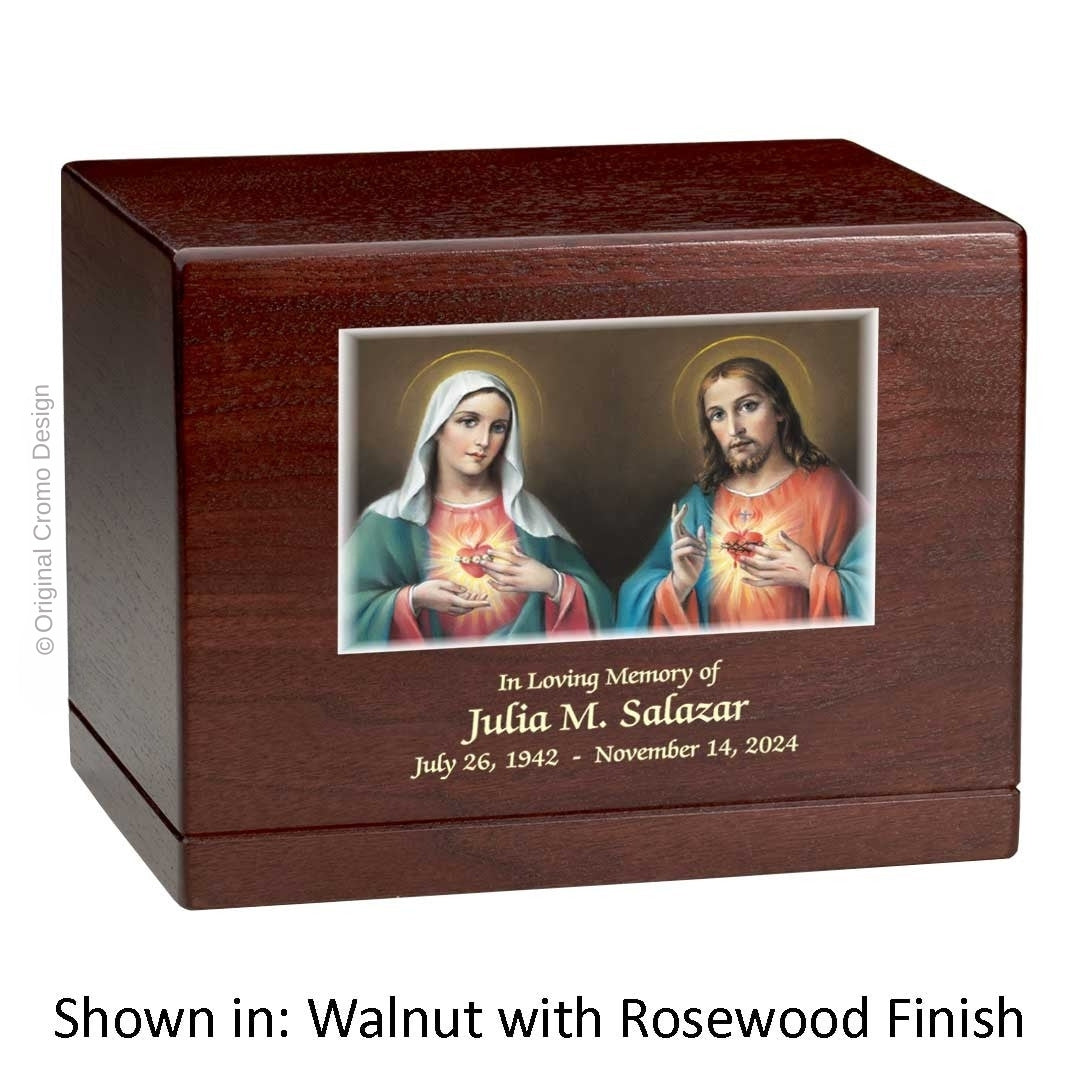 Catholic cremation urn with Saint Therese Wood finish by Cromo NB