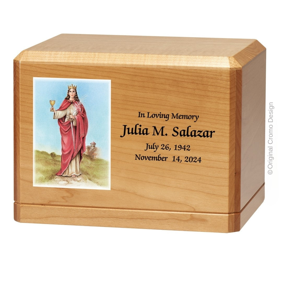 Catholic cremation urn with Our Lady of Santa Barbara Wood finish by Cromo NB
