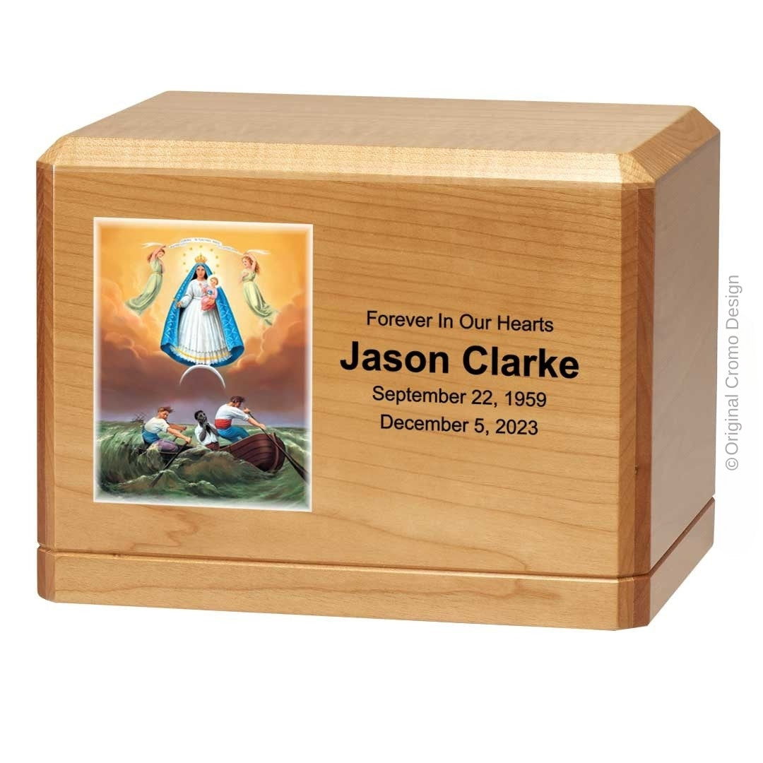 Catholic cremation urn with Our Lady of Charity Wood finish by Cromo NB