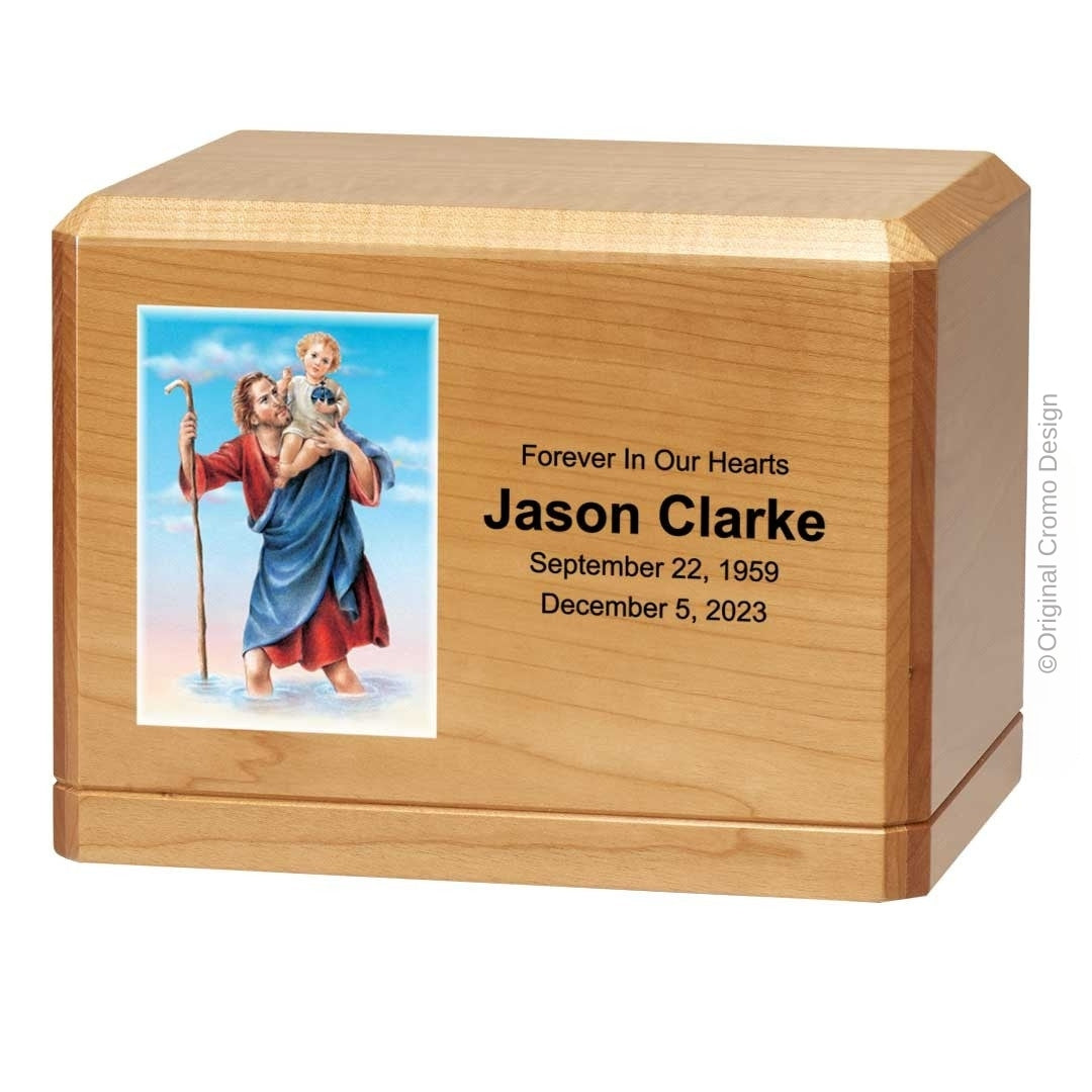 Catholic cremation urn with Saint Christopher Wood finish by Cromo NB