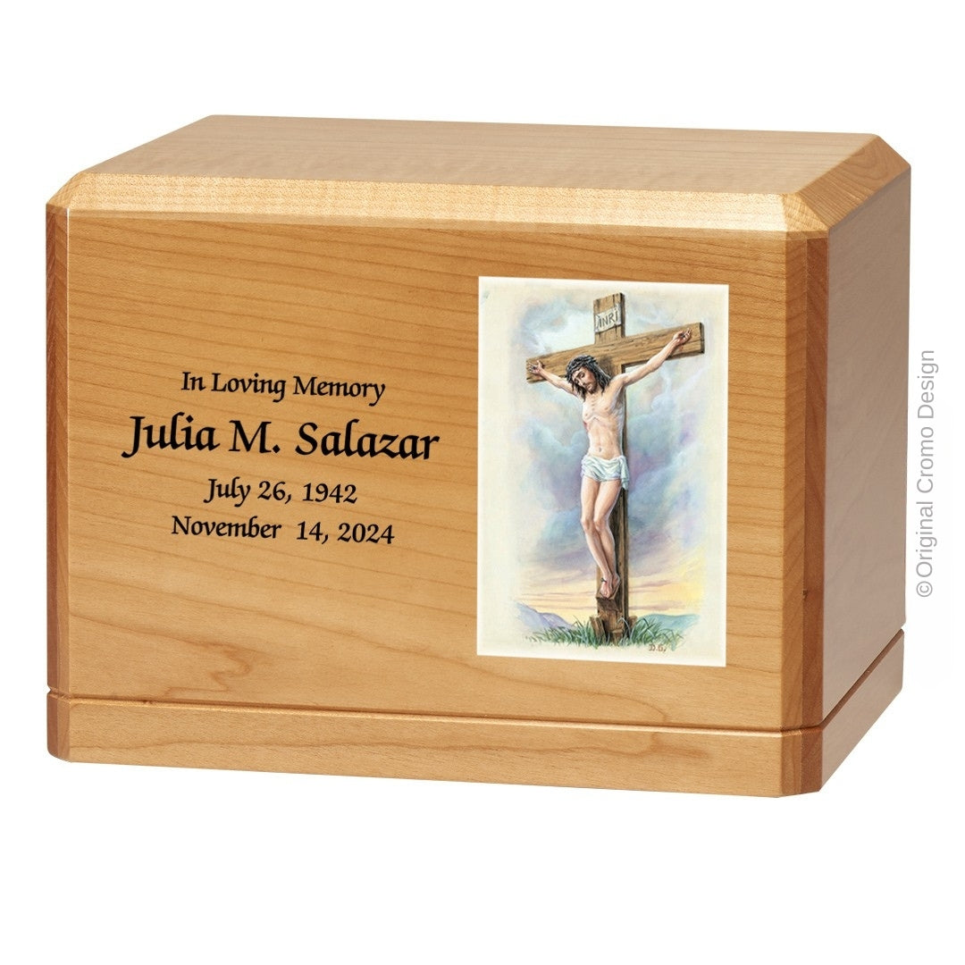 Catholic cremation urn with Crucifixion Wood finish by Cromo NB