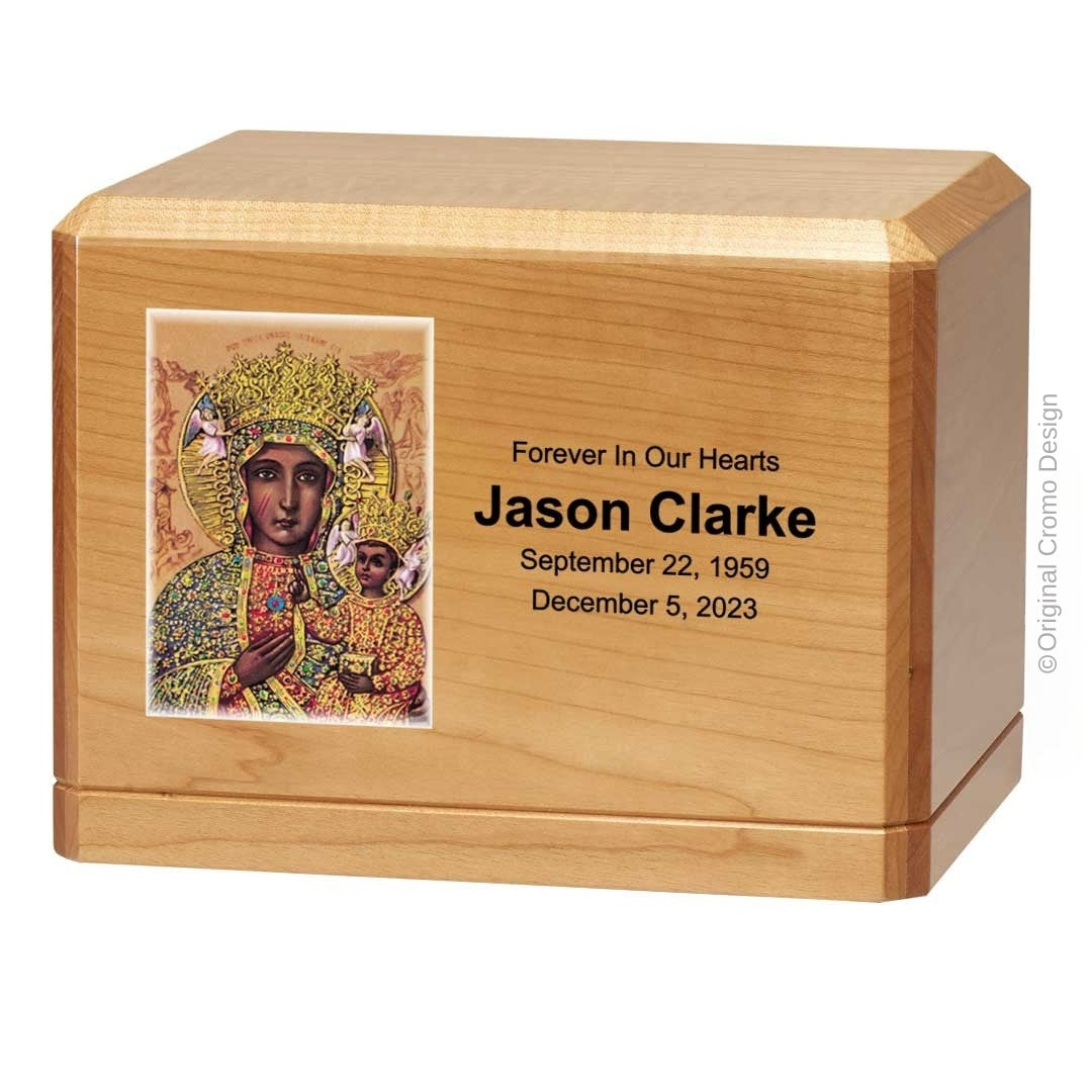 Catholic cremation urn with Our Lady of Czetechowa Wood finish by Cromo NB